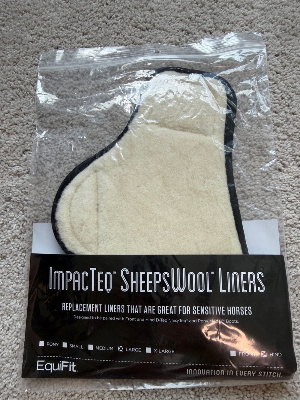 Equifit ImpacTeq Sheepswool Hind Boots Liner Cream with Black Trim Sz Large NEW